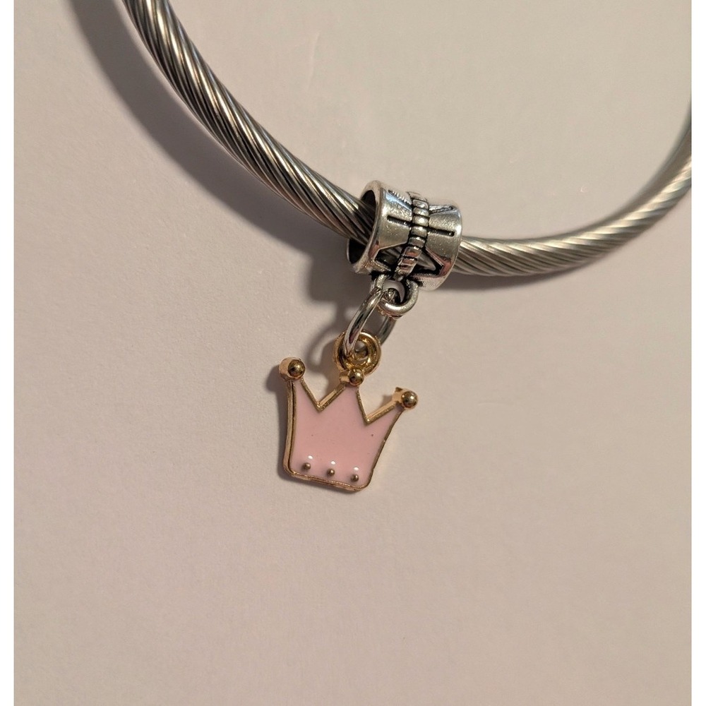 Pink Enamel Crown Dangle Charm Silver Gold Tone Tiara Princess Bracelet Pendant